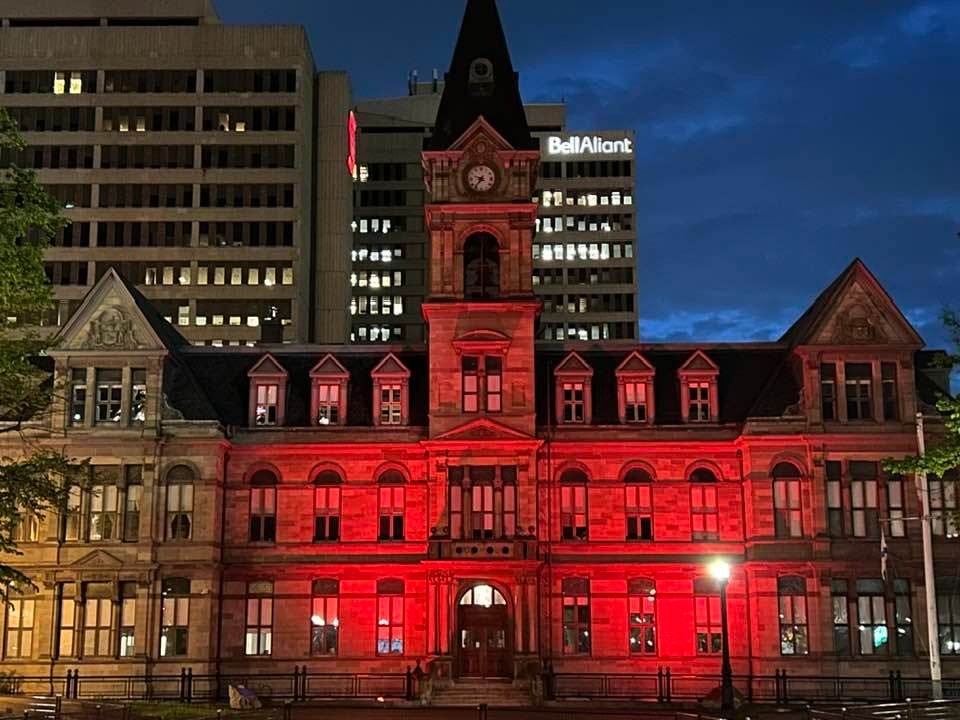 Halifax City Hall Illuminated in red.