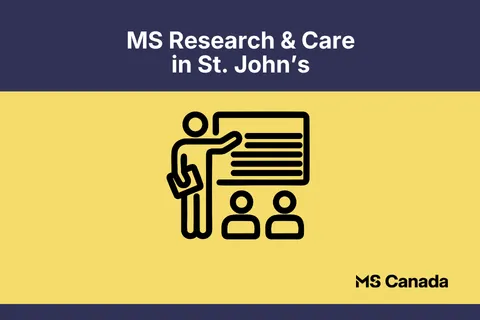 Graphic of a presenter at a board with attendees, promoting MS Research & Care in St. John's.