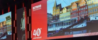 [A presentation slide celebrating the 40th anniversary of the ECTRIMS meeting]