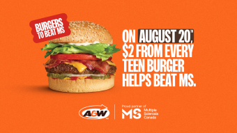 A&amp;W Teen Burger on orange background promoting MS charity fundraiser on August 20th.