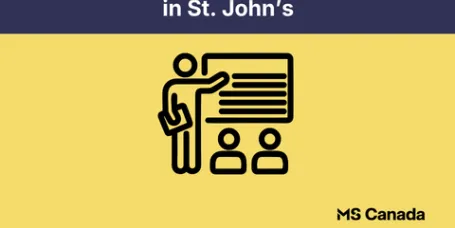 Graphic of a presenter at a board with attendees, promoting MS Research & Care in St. John's.