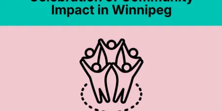 Graphic of three people holding hands in a circle, representing community, on a pink background.