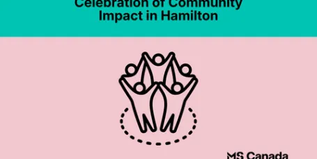Graphic with the text "Celebration of Community Impact in Hamilton" above a line icon of cheering figures with raised arms, MS Canada logo.