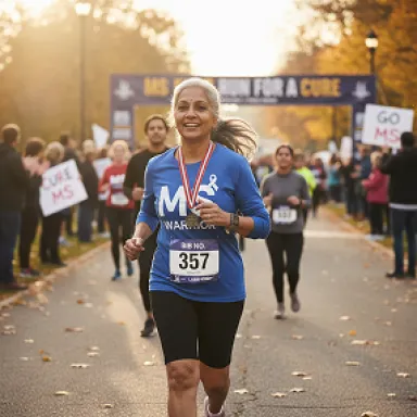 Smiling woman wearing bib number 357 crossing a charity race finish line in autumn.
