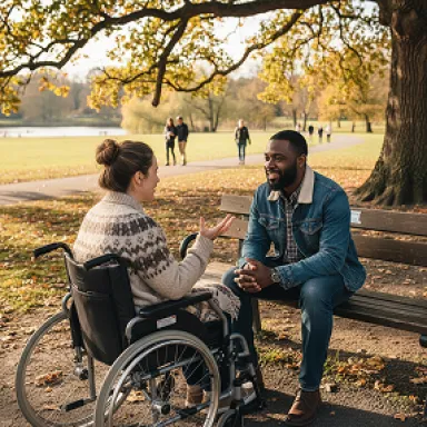 Woman in wheelchair and man sitting on bench, having a conversation in a sunny autumn park.