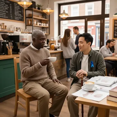 Two men having a conversation over coffee in a cozy café setting.
