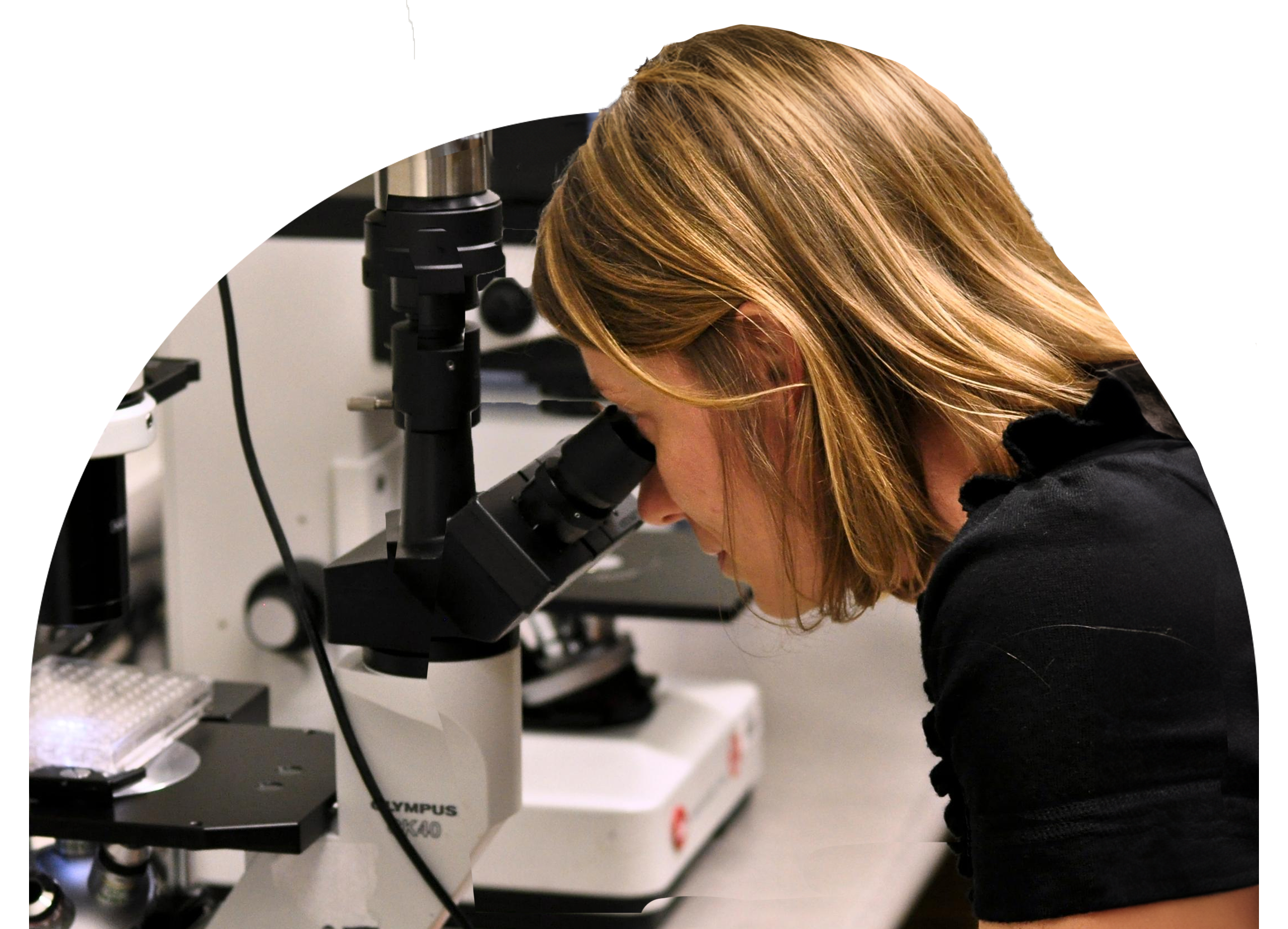 A woman with short blond hair looks into a microscope.