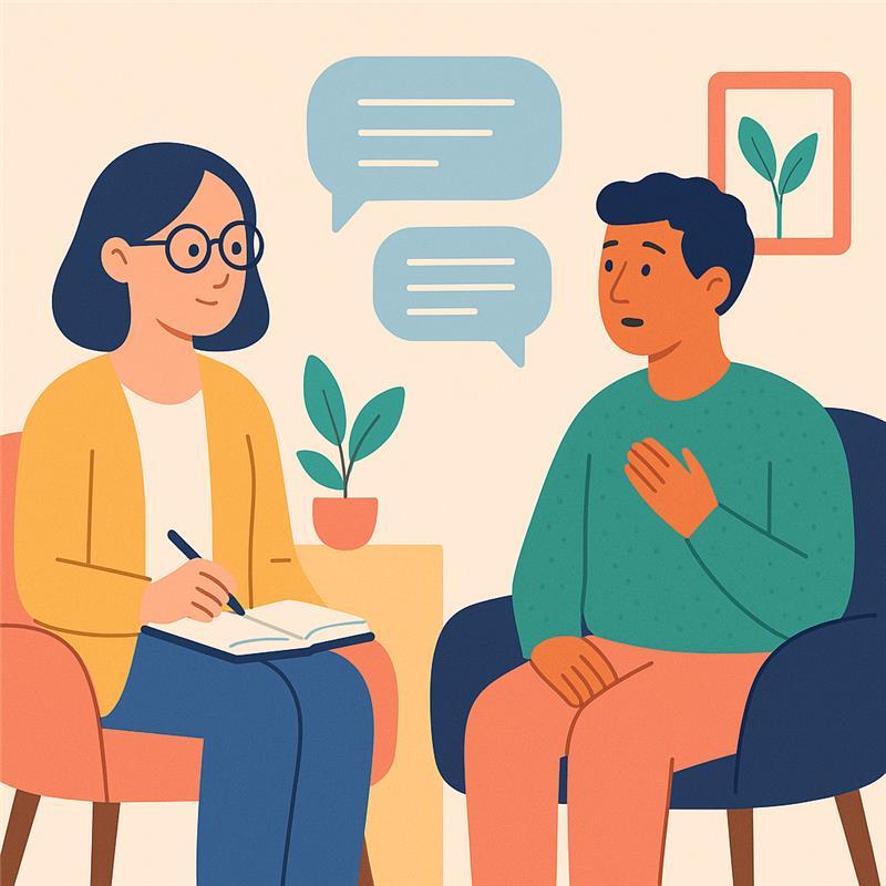 Séance de suivi psychologique avec une femme thérapeute qui prend des notes tandis qu’un homme parle. 