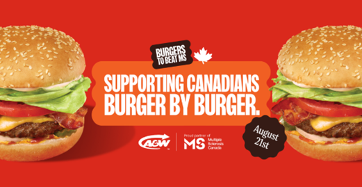 A bright red graphic with two hamburgers displaying a slogan for the Burgers to Beat MS campaign