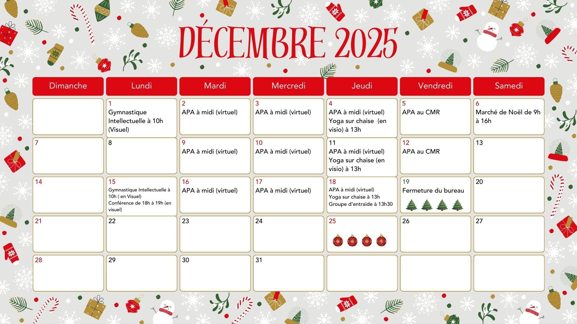Montérégie - Calendrier décembre 2025
