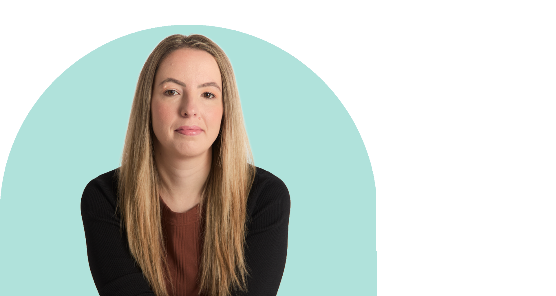 Young woman with long blonde hair against a teal circular background, looking slightly to the side.