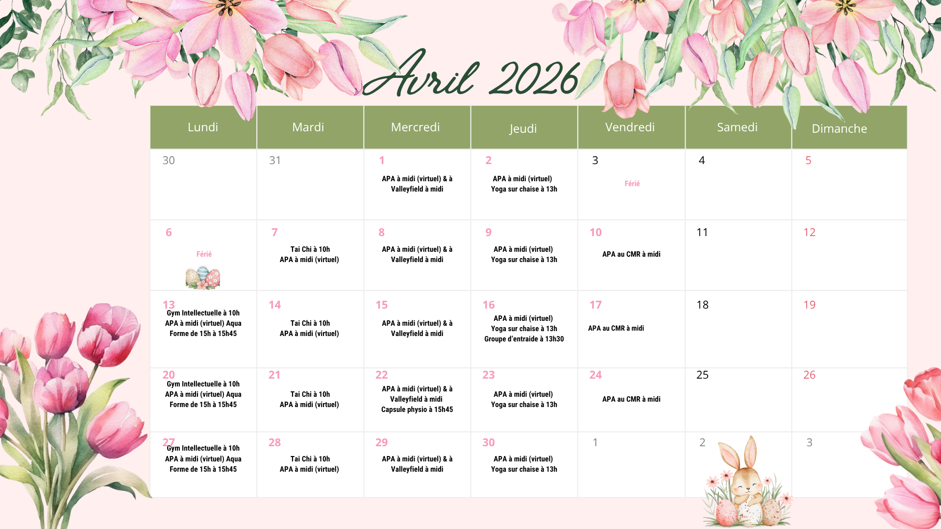 Calendrier d'avril 2026 décoré de tulipes roses et de fleurs printanières.