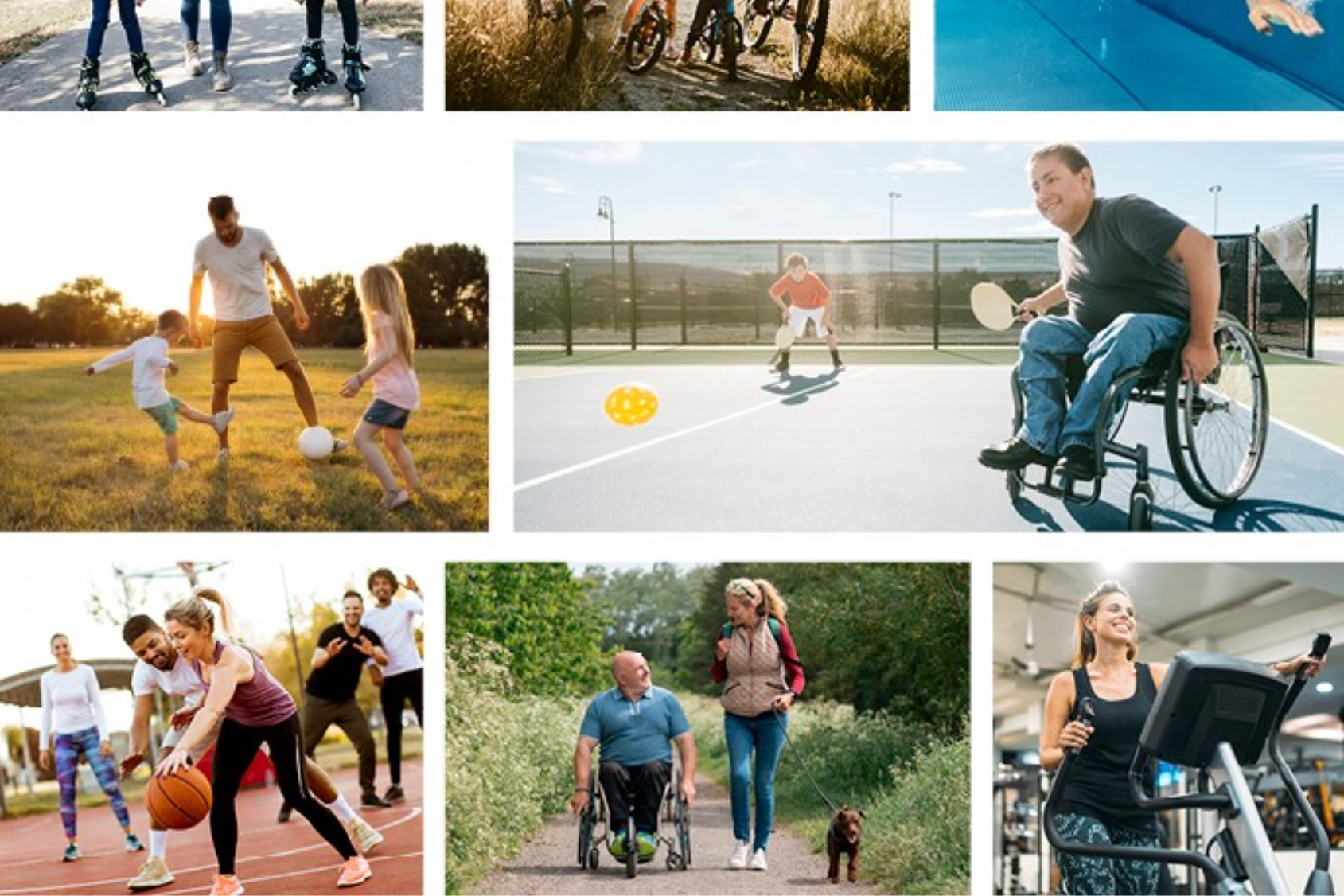 Collage of diverse people actively playing sports and exercising outdoors.