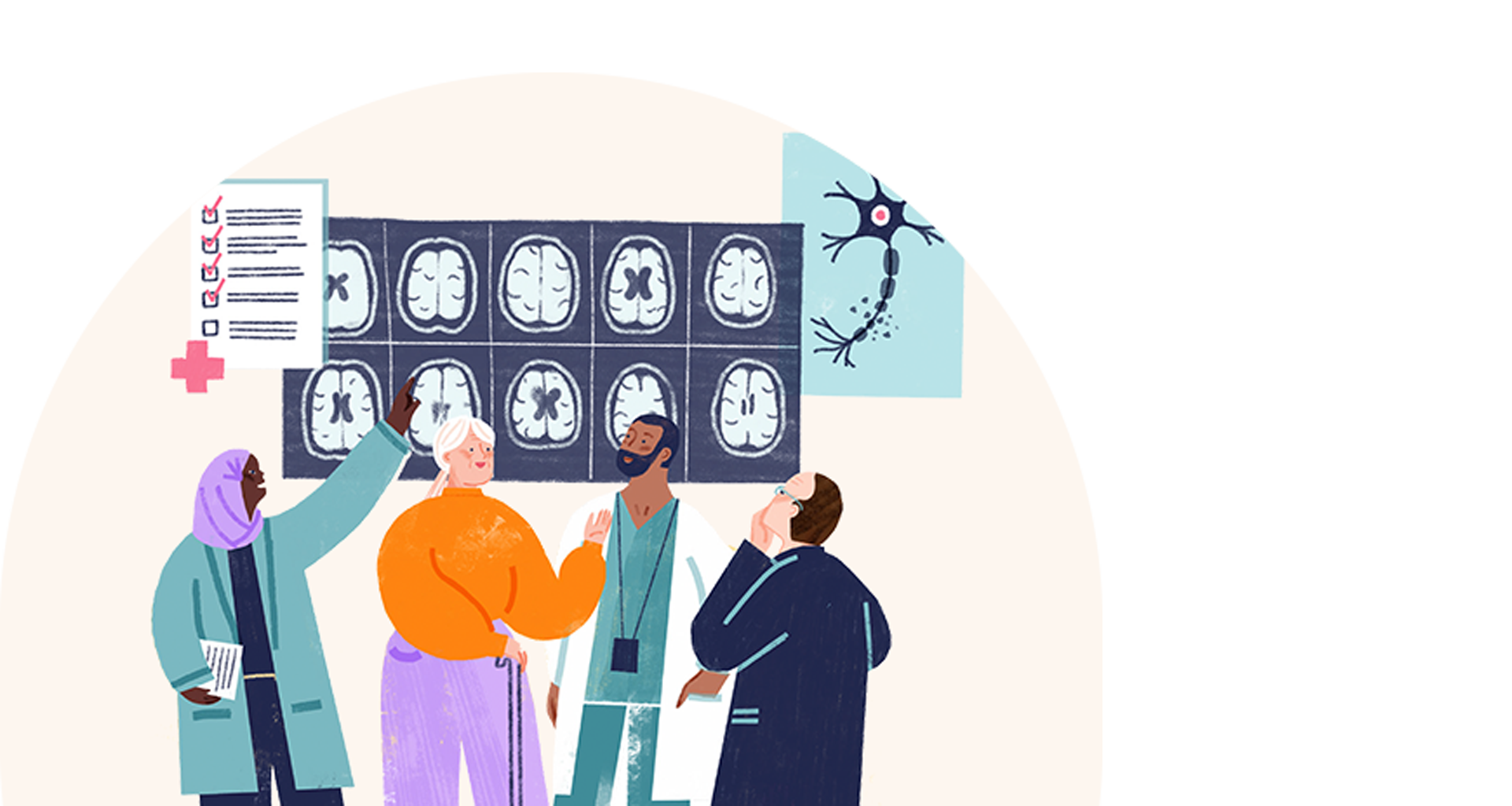Illustration of three medical professionals examining brain MRI scans on a light board.