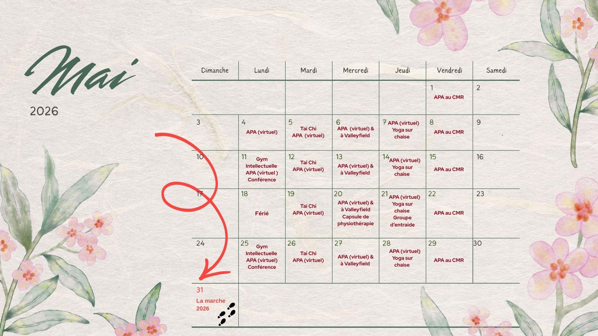 Monthly calendar for May decorated with soft pink watercolor flowers and green leaves.