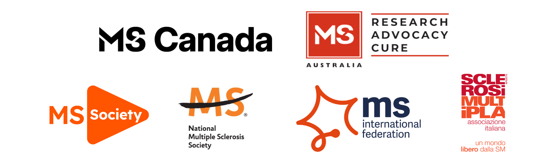 Logos of multiple sclerosis organizations: MS Canada, MS Research Advocacy Cure, MS Society, MS International Federation, and others.