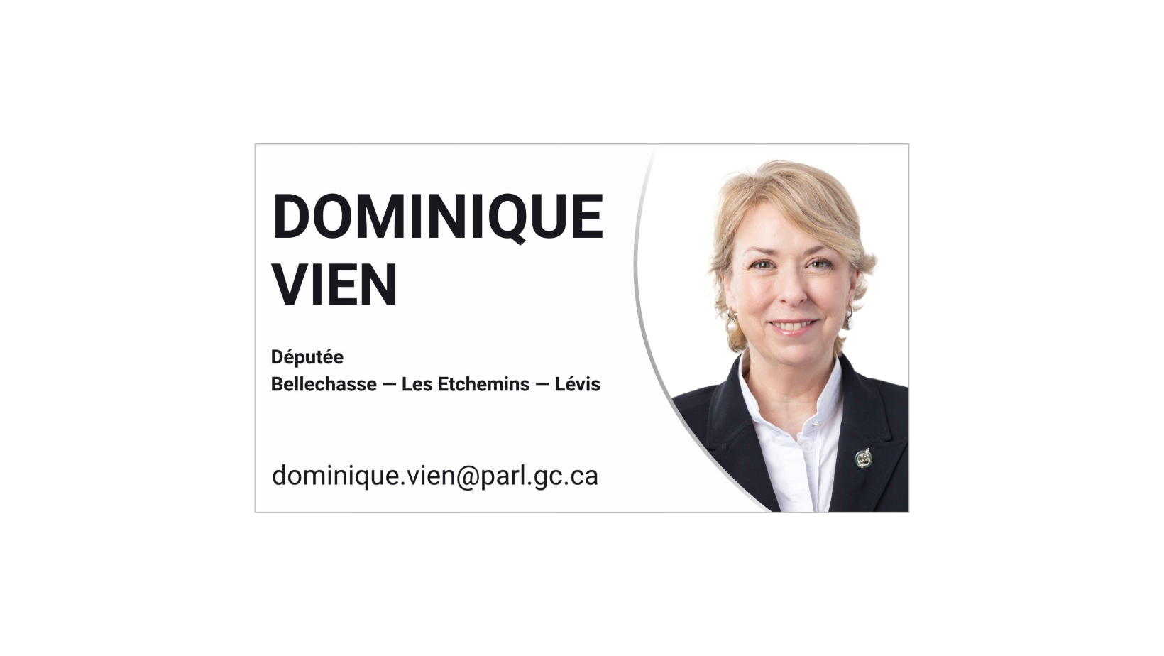 Business card for Dominique Vien, député, with a professional headshot of a woman with short blonde hair.