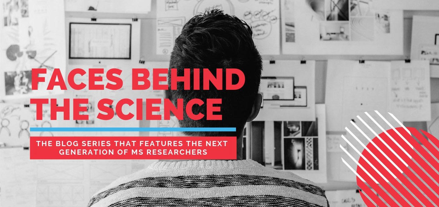 Graphic for "Faces Behind the Science" blog series featuring MS researchers, with person at computer.