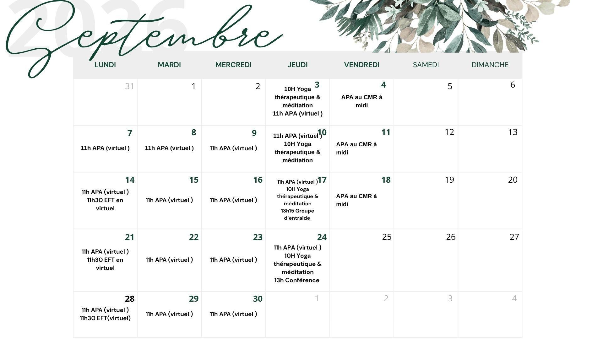 September calendar with white floral and greenery decorations in the top corners.