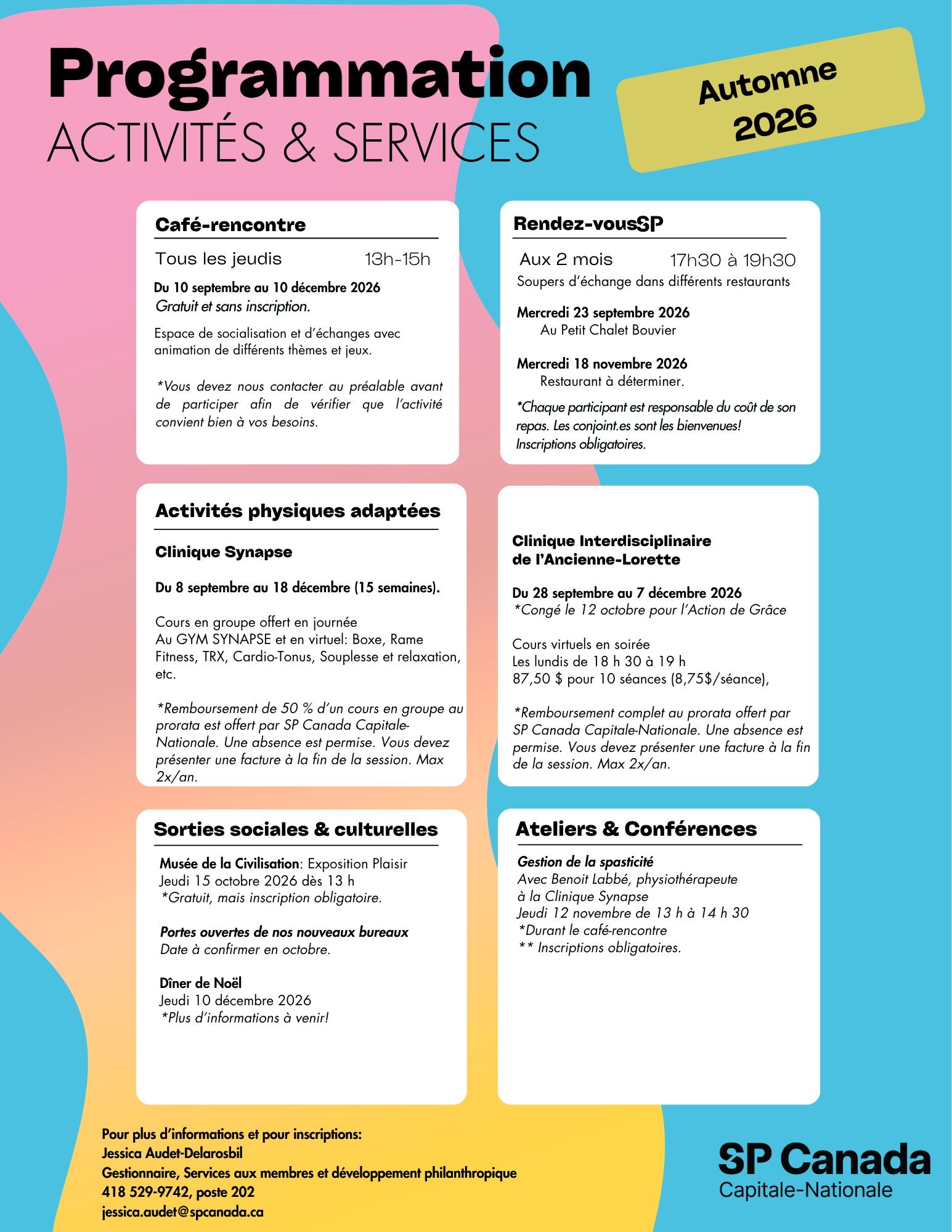 Graphic: SP Canada fall 2025 program schedule listing activities, services, and conferences in French.