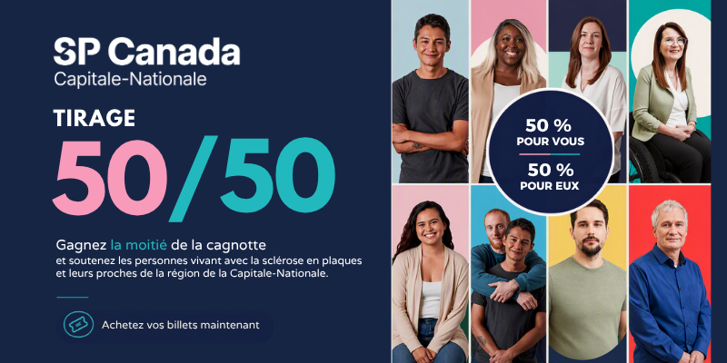 SP Canada Capitale-Nationale 50/50 raffle promotional graphic with diverse smiling people.