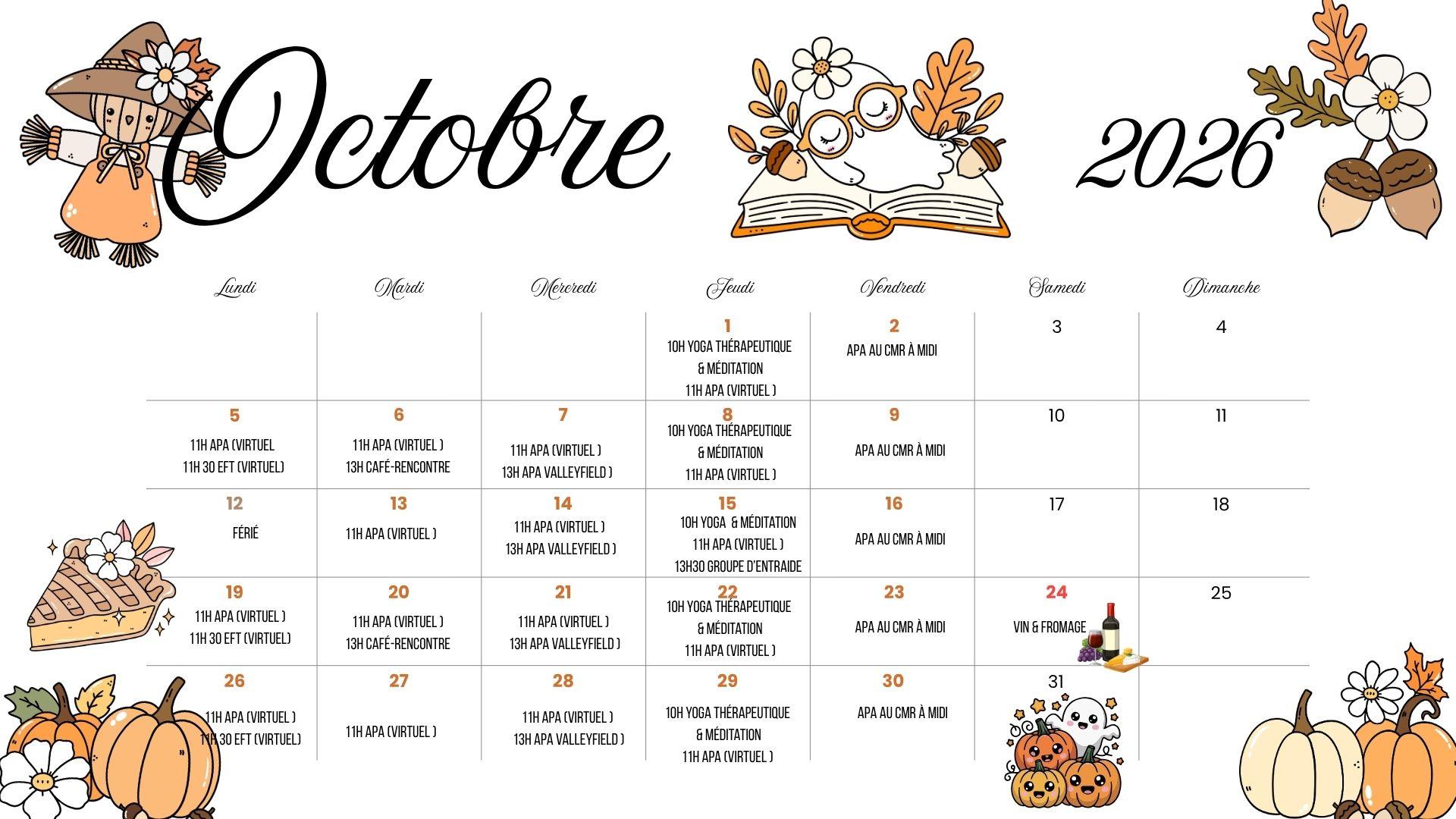 Illustrated October 2026 calendar with autumn decorations: pumpkins, leaves, acorns and a gnome.