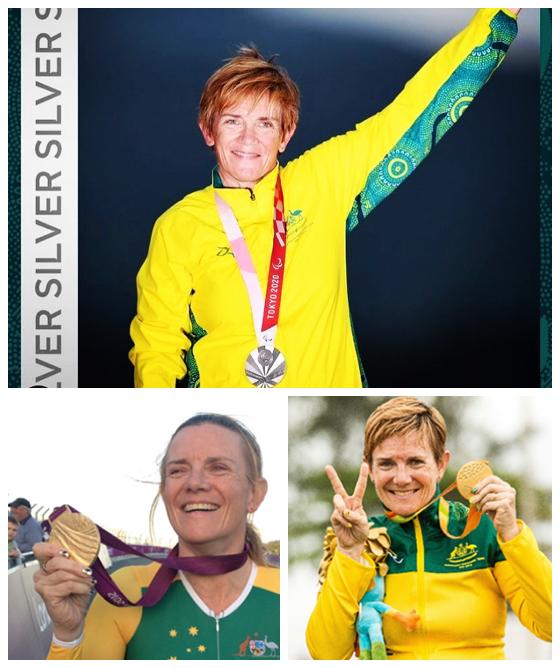 Collage of three photos of Carol in yellow and green Australian team gear showing off her medals.