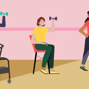 Animated photo of three women exercising. Each woman is holding a weight in one hand. The woman on the left is standing and holding on to a walker, has white hair, and is wearing a purple shirt and blue pants. The woman in the middle is sitting on a chair, has brown hair and is wearing a yellow t-shirt and green pants. The woman on the right is standing, has dark hair, and is wearing a pink shirt and purple pants.