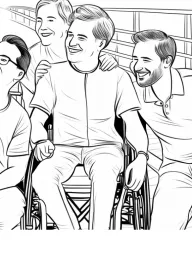 Black and white illustration of a smiling man in a wheelchair surrounded by two cheerful companions.