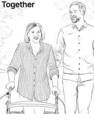Line drawing of a woman using a walker accompanied by a man, with the word "Together" above.